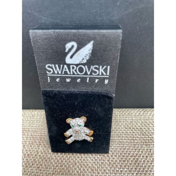 Swarovski Teddy Bear Pin Crystal Green Clear Gold Color Rhinestone - Picture 3 of 4